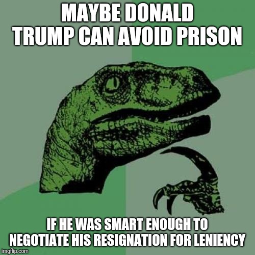 Philosoraptor Meme | MAYBE DONALD TRUMP CAN AVOID PRISON; IF HE WAS SMART ENOUGH TO NEGOTIATE HIS RESIGNATION FOR LENIENCY | image tagged in memes,philosoraptor | made w/ Imgflip meme maker