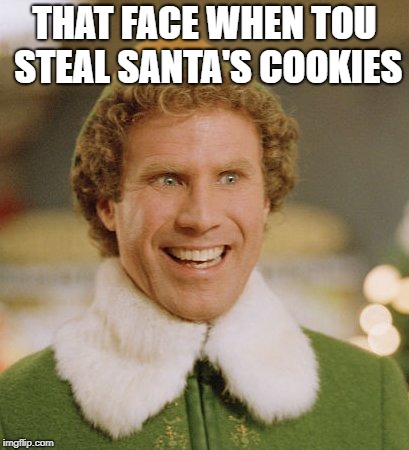 Buddy The Elf | THAT FACE WHEN TOU STEAL SANTA'S COOKIES | image tagged in memes,buddy the elf | made w/ Imgflip meme maker