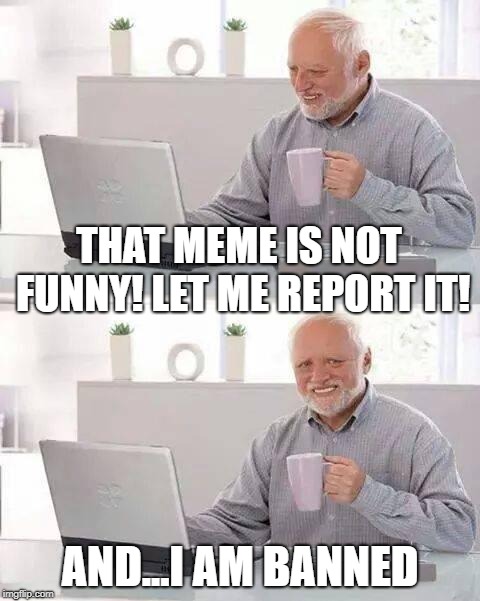 Hide the Pain Harold | THAT MEME IS NOT FUNNY!
LET ME REPORT IT! AND...I AM BANNED | image tagged in memes,hide the pain harold | made w/ Imgflip meme maker
