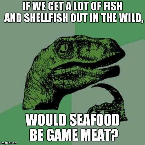 Fishing for Game | IF WE GET A LOT OF FISH AND SHELLFISH OUT IN THE WILD, WOULD SEAFOOD BE GAME MEAT? | image tagged in memes,philosoraptor,seafood,fish,fishing,game meat | made w/ Imgflip meme maker