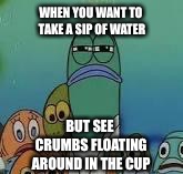Mad fish | WHEN YOU WANT TO TAKE A SIP OF WATER; BUT SEE CRUMBS FLOATING AROUND IN THE CUP | image tagged in mad fish | made w/ Imgflip meme maker