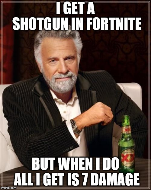The Most Interesting Man In The World Meme | I GET A SHOTGUN IN FORTNITE; BUT WHEN I DO ALL I GET IS 7 DAMAGE | image tagged in memes,the most interesting man in the world | made w/ Imgflip meme maker