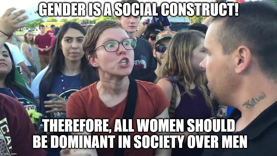 Makes total sense | GENDER IS A SOCIAL CONSTRUCT! THEREFORE, ALL WOMEN SHOULD BE DOMINANT IN SOCIETY OVER MEN | image tagged in sjw lightbulb,memes,sjw,feminazi | made w/ Imgflip meme maker