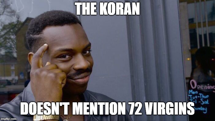 Roll Safe Think About It Meme | THE KORAN DOESN'T MENTION 72 VIRGINS | image tagged in memes,roll safe think about it | made w/ Imgflip meme maker