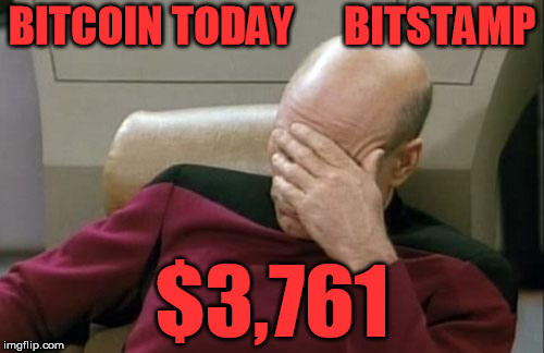 Captain Picard Facepalm Meme | BITCOIN TODAY      BITSTAMP; $3,761 | image tagged in memes,captain picard facepalm | made w/ Imgflip meme maker