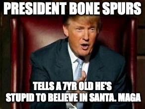 Donald Trump | PRESIDENT BONE SPURS; TELLS A 7YR OLD HE'S STUPID TO BELIEVE IN SANTA. MAGA | image tagged in donald trump | made w/ Imgflip meme maker