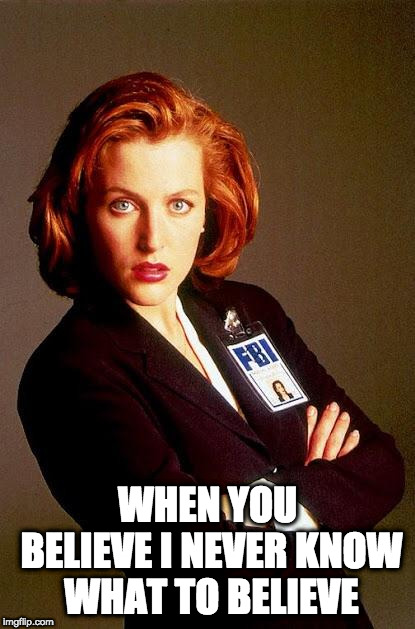 Scully | WHEN YOU BELIEVE I NEVER KNOW WHAT TO BELIEVE | image tagged in scully | made w/ Imgflip meme maker