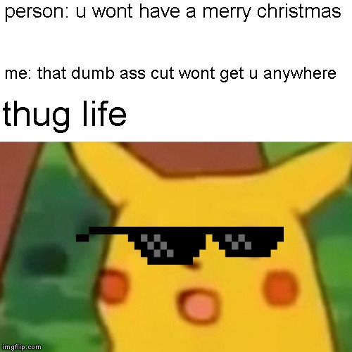 I WANTED A PAIR OF THUG LIFE GLASSES FOR CHRISTMAS!! | person: u wont have a merry christmas; me: that dumb ass cut wont get u anywhere; thug life | image tagged in memes,surprised pikachu | made w/ Imgflip meme maker