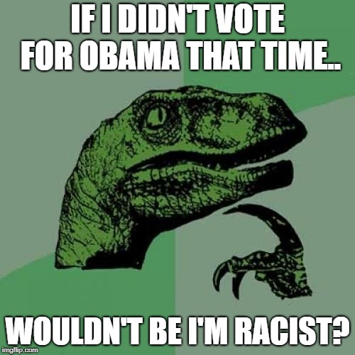 Philosoraptor Meme | IF I DIDN'T VOTE FOR OBAMA THAT TIME.. WOULDN'T BE I'M RACIST? | image tagged in memes,philosoraptor | made w/ Imgflip meme maker