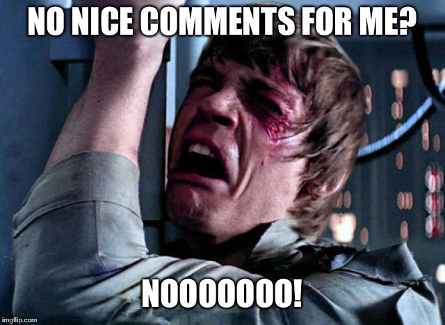 Nooo | NO NICE COMMENTS FOR ME? NOOOOOOO! | image tagged in nooo | made w/ Imgflip meme maker