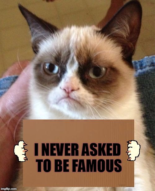 Being a Grumpy Meme Character Can't Be Easy | I NEVER ASKED TO BE FAMOUS | image tagged in grumpy cat cardboard sign,memes,fourth wall,character,motivation,meet the memes | made w/ Imgflip meme maker