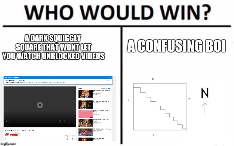 Who Would Win? Meme | A CONFUSING BOI; A DARK SQUIGGLY SQUARE THAT WONT LET YOU WATCH UNBLOCKED VIDEOS | image tagged in memes,who would win | made w/ Imgflip meme maker
