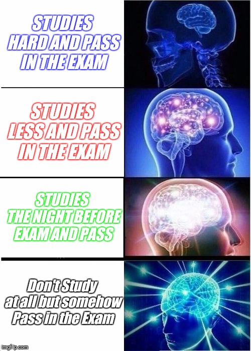 Expanding Brain Meme | STUDIES HARD AND PASS IN THE EXAM; STUDIES LESS AND PASS IN THE EXAM; STUDIES THE NIGHT BEFORE EXAM AND PASS; Don't Study at all but somehow Pass in the Exam | image tagged in memes,expanding brain | made w/ Imgflip meme maker