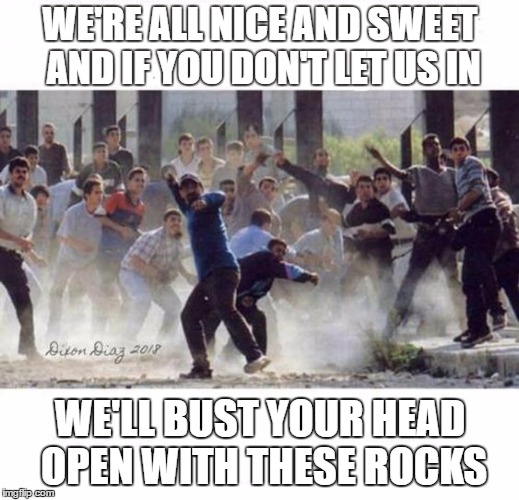 WE'RE ALL NICE AND SWEET AND IF YOU DON'T LET US IN WE'LL BUST YOUR HEAD OPEN WITH THESE ROCKS | made w/ Imgflip meme maker