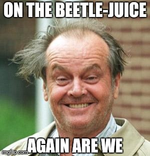 Jack Nicholson Crazy Hair | ON THE BEETLE-JUICE AGAIN ARE WE | image tagged in jack nicholson crazy hair | made w/ Imgflip meme maker