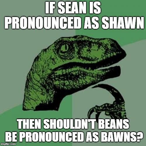 Philosoraptor | IF SEAN IS PRONOUNCED AS SHAWN; THEN SHOULDN'T BEANS BE PRONOUNCED AS BAWNS? | image tagged in memes,philosoraptor | made w/ Imgflip meme maker