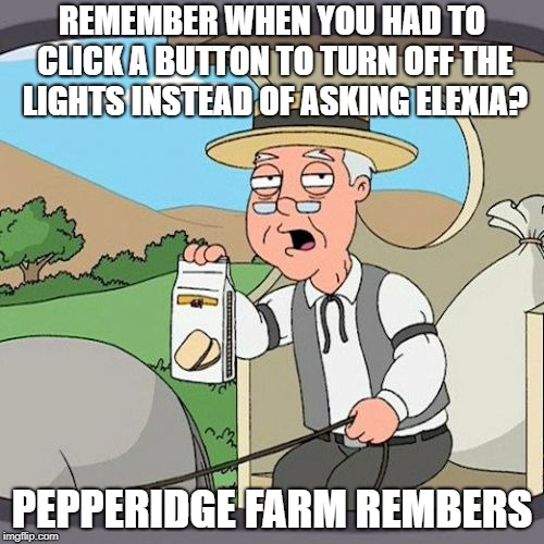 Pepperidge Farm Remembers Meme | REMEMBER WHEN YOU HAD TO CLICK A BUTTON TO TURN OFF THE LIGHTS INSTEAD OF ASKING ELEXIA? PEPPERIDGE FARM REMBERS | image tagged in memes,pepperidge farm remembers | made w/ Imgflip meme maker