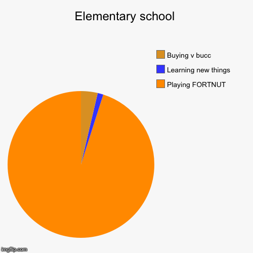 Elementary school | Playing FORTNUT, Learning new things, Buying v bucc | image tagged in funny,pie charts | made w/ Imgflip chart maker