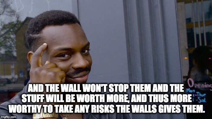 Roll Safe Think About It Meme | AND THE WALL WON'T STOP THEM AND THE STUFF WILL BE WORTH MORE, AND THUS MORE WORTHY TO TAKE ANY RISKS THE WALLS GIVES THEM. | image tagged in memes,roll safe think about it | made w/ Imgflip meme maker