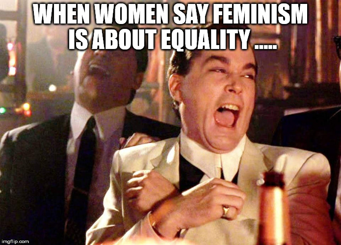 laughing guys | WHEN WOMEN SAY FEMINISM IS ABOUT EQUALITY ..... | image tagged in laughing guys | made w/ Imgflip meme maker