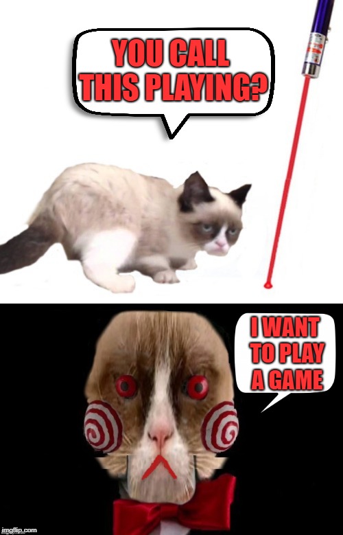 Catsaw | YOU CALL THIS PLAYING? I WANT TO PLAY A GAME | image tagged in funny memes,grumpy,cat,cats,saw,jigsaw | made w/ Imgflip meme maker