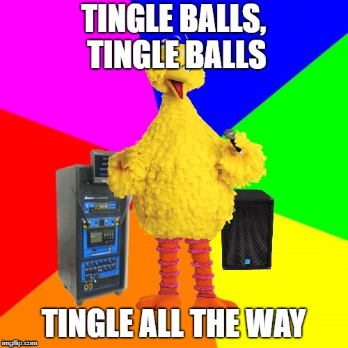 Wrong lyrics karaoke big bird | TINGLE BALLS, TINGLE BALLS TINGLE ALL THE WAY | image tagged in wrong lyrics karaoke big bird | made w/ Imgflip meme maker