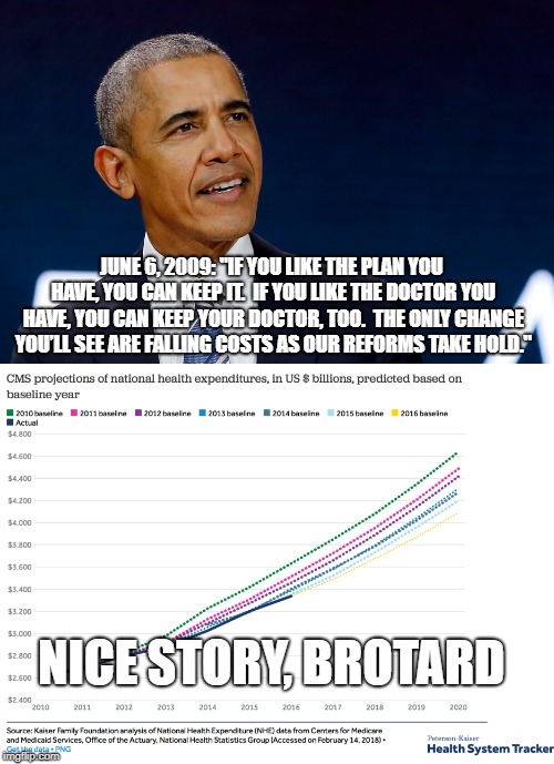 And who can forget this classic "miscalculation"? | JUNE 6, 2009: "IF YOU LIKE THE PLAN YOU HAVE, YOU CAN KEEP IT.  IF YOU LIKE THE DOCTOR YOU HAVE, YOU CAN KEEP YOUR DOCTOR, TOO.  THE ONLY CHANGE YOU’LL SEE ARE FALLING COSTS AS OUR REFORMS TAKE HOLD."; NICE STORY, BROTARD | image tagged in if you like your plan,odumber,obama,stupid obama quotes | made w/ Imgflip meme maker