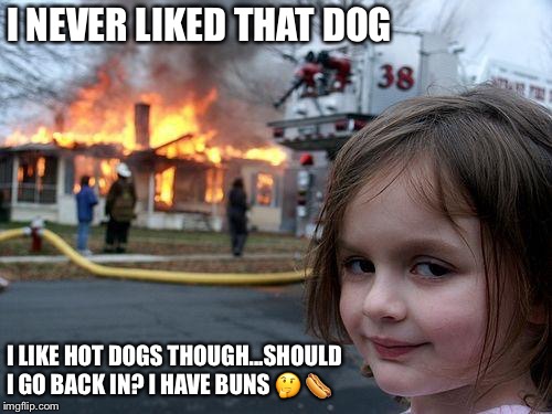 Hot dog reality | I NEVER LIKED THAT DOG; I LIKE HOT DOGS THOUGH...SHOULD I GO BACK IN? I HAVE BUNS 🤔 🌭 | image tagged in memes,disaster girl | made w/ Imgflip meme maker