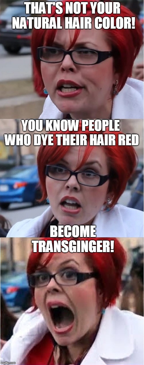 Natural redheads be like... | THAT'S NOT YOUR NATURAL HAIR COLOR! YOU KNOW PEOPLE WHO DYE THEIR HAIR RED; BECOME TRANSGINGER! | image tagged in big red feminist pun,gingers,redheads,trans,ginger,memes | made w/ Imgflip meme maker