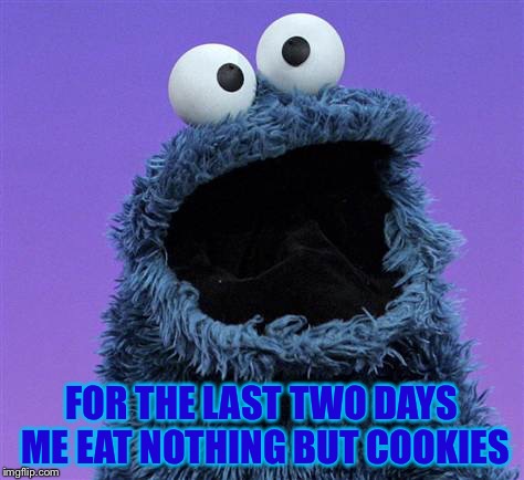 cookie monster | FOR THE LAST TWO DAYS ME EAT NOTHING BUT COOKIES | image tagged in cookie monster,true story,true story bro | made w/ Imgflip meme maker