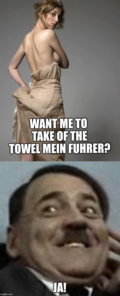 Traudl: uwu Hitler ❤️〰️❤️ | WANT ME TO TAKE OF THE TOWEL MEIN FUHRER? JA! | image tagged in memes,nudes,downfall,hitler downfall | made w/ Imgflip meme maker
