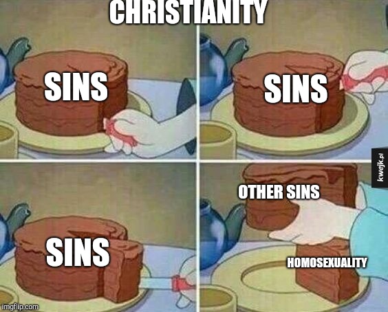 Sin means a crime against God. | CHRISTIANITY; SINS; SINS; OTHER SINS; SINS; HOMOSEXUALITY | image tagged in cake slice,christianity | made w/ Imgflip meme maker