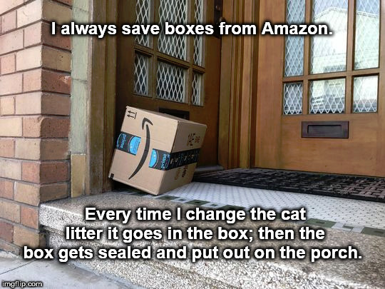 I always save boxes from Amazon. Every time I change the cat litter it goes in the box; then the box gets sealed and put out on the porch. | image tagged in amazon,porch pirates,recycling | made w/ Imgflip meme maker