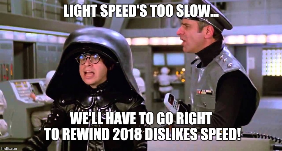 Light speed isn't that fast... | LIGHT SPEED'S TOO SLOW... WE'LL HAVE TO GO RIGHT TO REWIND 2018 DISLIKES SPEED! | image tagged in no no no x well have to go right to y | made w/ Imgflip meme maker