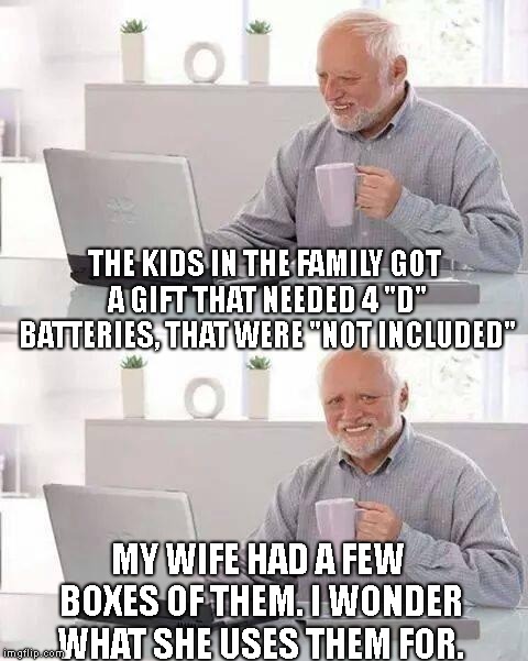 My wife always has a look on her face like she just had sex..  | THE KIDS IN THE FAMILY GOT A GIFT THAT NEEDED 4 "D" BATTERIES, THAT WERE "NOT INCLUDED" MY WIFE HAD A FEW BOXES OF THEM. I WONDER WHAT SHE U | image tagged in memes,hide the pain harold,vibrator,dildo,masterbation | made w/ Imgflip meme maker