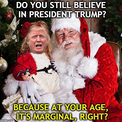 . | DO YOU STILL BELIEVE IN PRESIDENT TRUMP? BECAUSE AT YOUR AGE, IT'S MARGINAL, RIGHT? | image tagged in trump,believe,age,marginal | made w/ Imgflip meme maker