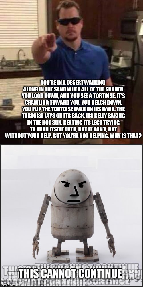 Voight-Kampff Test | YOU’RE IN A DESERT WALKING ALONG IN THE SAND WHEN ALL OF THE SUDDEN YOU LOOK DOWN, AND YOU SEE A TORTOISE, IT’S CRAWLING TOWARD YOU. YOU REACH DOWN, YOU FLIP THE TORTOISE OVER ON ITS BACK. THE TORTOISE LAYS ON ITS BACK, ITS BELLY BAKING IN THE HOT SUN, BEATING ITS LEGS TRYING TO TURN ITSELF OVER, BUT IT CAN’T, NOT WITHOUT YOUR HELP. BUT YOU’RE NOT HELPING. WHY IS THAT? | image tagged in pc principle,npc bot | made w/ Imgflip meme maker