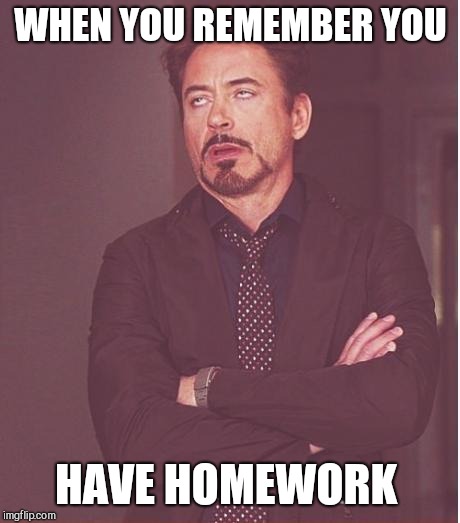 Face You Make Robert Downey Jr | WHEN YOU REMEMBER YOU; HAVE HOMEWORK | image tagged in memes,face you make robert downey jr | made w/ Imgflip meme maker