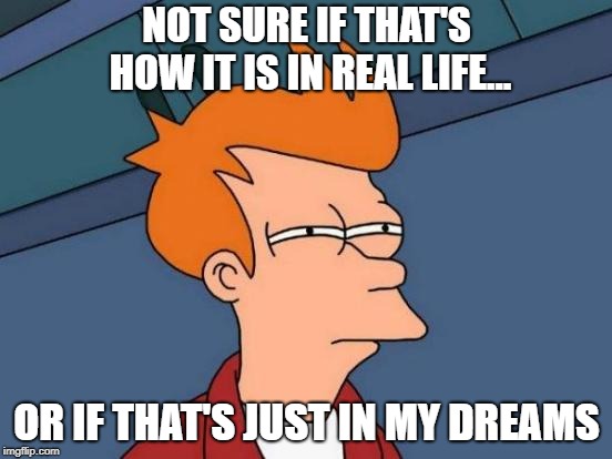 Futurama Fry | NOT SURE IF THAT'S HOW IT IS IN REAL LIFE... OR IF THAT'S JUST IN MY DREAMS | image tagged in memes,futurama fry | made w/ Imgflip meme maker