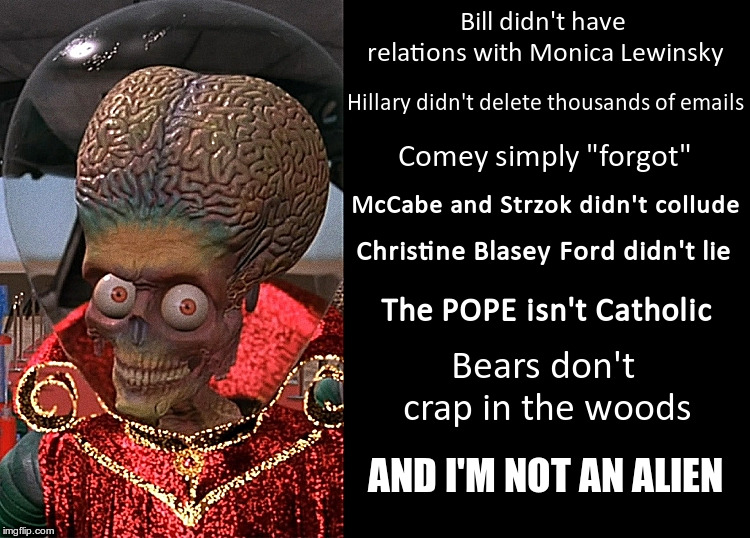 ALIEN SPEAKS FACTS AS LIBERALS MUST KNOW THEM |  Bill didn't have relations with Monica Lewinsky; Hillary didn't delete thousands of emails; Comey simply "forgot"; McCabe and Strzok didn't collude; Christine Blasey Ford didn't lie; The POPE isn't Catholic; Bears don't crap in the woods; AND I'M NOT AN ALIEN | image tagged in monica lewinsky,hillary clinton,comey,peter strzok,christine blasey ford,alien | made w/ Imgflip meme maker