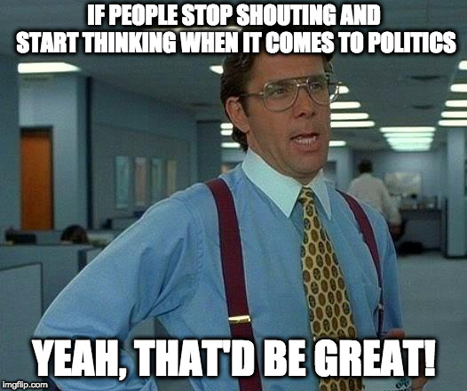 That Would Be Great Meme | IF PEOPLE STOP SHOUTING AND START THINKING WHEN IT COMES TO POLITICS YEAH, THAT'D BE GREAT! | image tagged in memes,that would be great | made w/ Imgflip meme maker