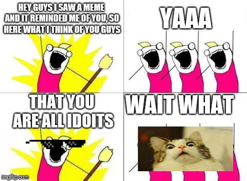 What Do We Want | HEY GUYS I SAW A MEME AND IT REMINDED ME OF YOU, SO HERE WHAT I THINK OF YOU GUYS; YAAA; WAIT WHAT; THAT YOU ARE ALL IDOITS | image tagged in memes,what do we want | made w/ Imgflip meme maker