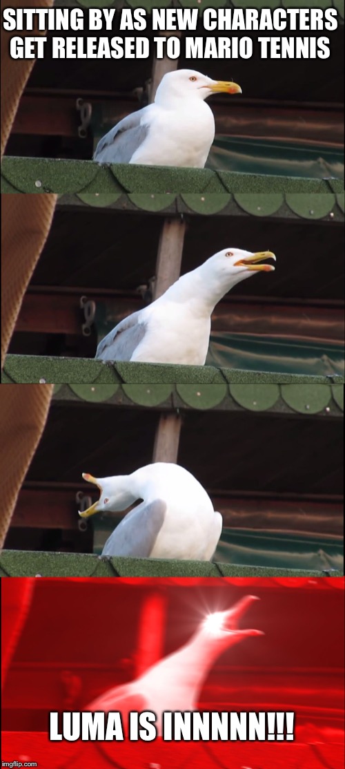 Inhaling Seagull Meme | SITTING BY AS NEW CHARACTERS GET RELEASED TO MARIO TENNIS; LUMA IS INNNNN!!! | image tagged in memes,inhaling seagull | made w/ Imgflip meme maker