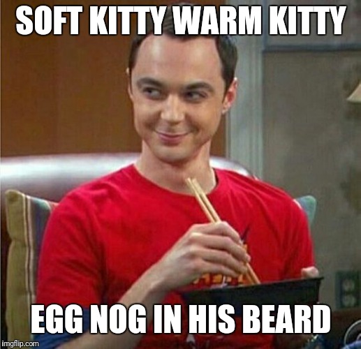 Sheldon Chinese Food | SOFT KITTY WARM KITTY EGG NOG IN HIS BEARD | image tagged in sheldon chinese food | made w/ Imgflip meme maker