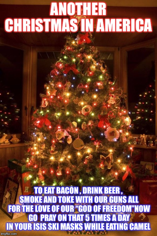 Christmas Tree | ANOTHER CHRISTMAS IN AMERICA; TO EAT BACON , DRINK BEER , SMOKE AND TOKE WITH OUR GUNS ALL FOR THE LOVE OF OUR “GOD OF FREEDOM”NOW GO  PRAY ON THAT 5 TIMES A DAY IN YOUR ISIS SKI MASKS WHILE EATING CAMEL | image tagged in christmas tree | made w/ Imgflip meme maker