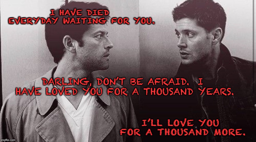 A thousand years | I HAVE DIED EVERYDAY WAITING FOR YOU. DARLING, DON’T BE AFRAID.  I HAVE LOVED YOU FOR A THOUSAND YEARS. I’LL LOVE YOU FOR A THOUSAND MORE. | image tagged in supernatural,supernatural dean winchester | made w/ Imgflip meme maker