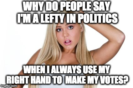 Dumb Blonde | WHY DO PEOPLE SAY I'M A LEFTY IN POLITICS; WHEN I ALWAYS USE MY RIGHT HAND TO  MAKE MY VOTES? | image tagged in dumb blonde | made w/ Imgflip meme maker