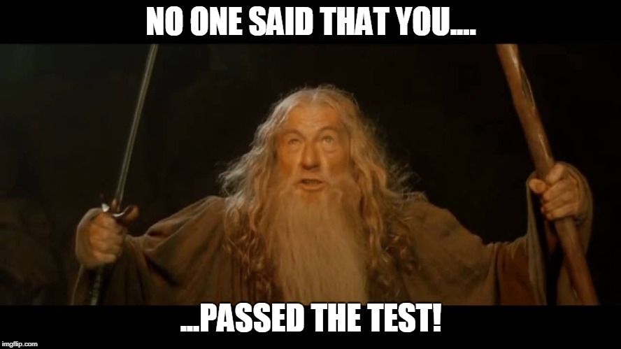 Gandalf - you shall not pass | NO ONE SAID THAT YOU.... ...PASSED THE TEST! | image tagged in gandalf - you shall not pass | made w/ Imgflip meme maker