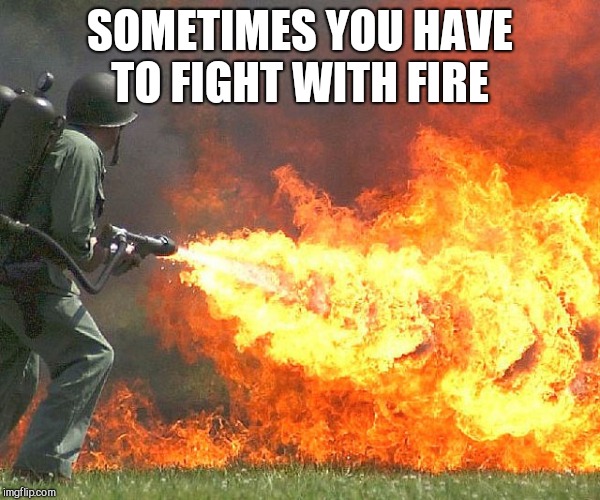 Flamethrower | SOMETIMES YOU HAVE TO FIGHT WITH FIRE | image tagged in flamethrower | made w/ Imgflip meme maker