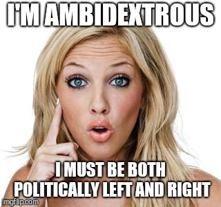Dumb blonde | I'M AMBIDEXTROUS I MUST BE BOTH POLITICALLY LEFT AND RIGHT | image tagged in dumb blonde | made w/ Imgflip meme maker